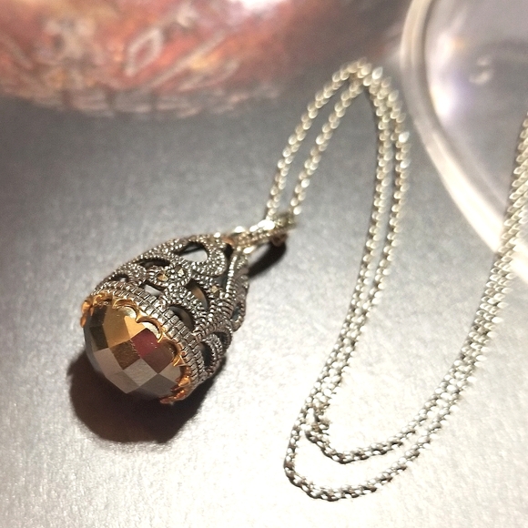 VTG Designer signed MARC Hematite Marcasite Egg Pendant Necklace - Picture 4 of 7